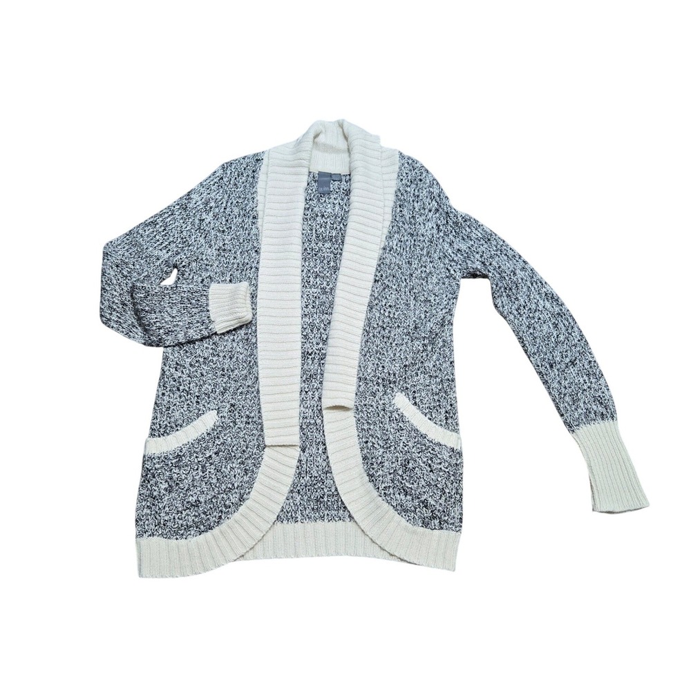 Quinn Space Dye Open Front Shawl Collar Cardigan Sweater Black White L